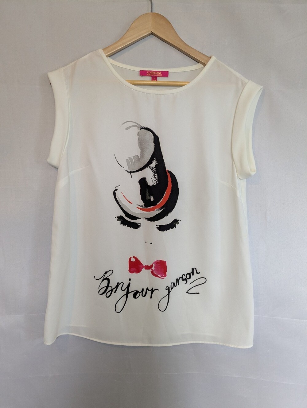 Catherine Malandrino Bonjour Garcon Graphic Top Chiffon Cap Sleeve Blouse S